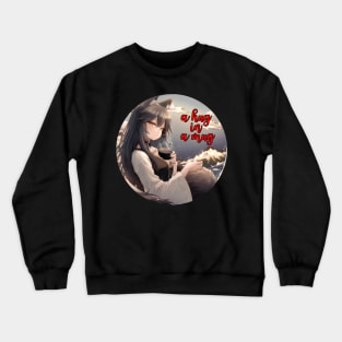 Cute Wolf Girl Drinking Tea with Great Waves on Background Crewneck Sweatshirt